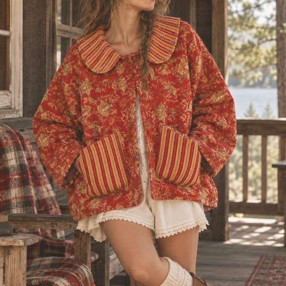 Vintage Jackets & Blazers - Quilted Jacket Floral Kantha Red Yellow Boho Oversized XL Handmade Cottage Fall